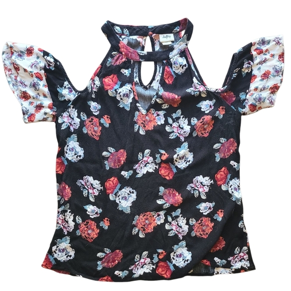 Daytrip Floral Cold Shoulder Keyhole Blouse Black Red White Boho Top L - Picture 2 of 9